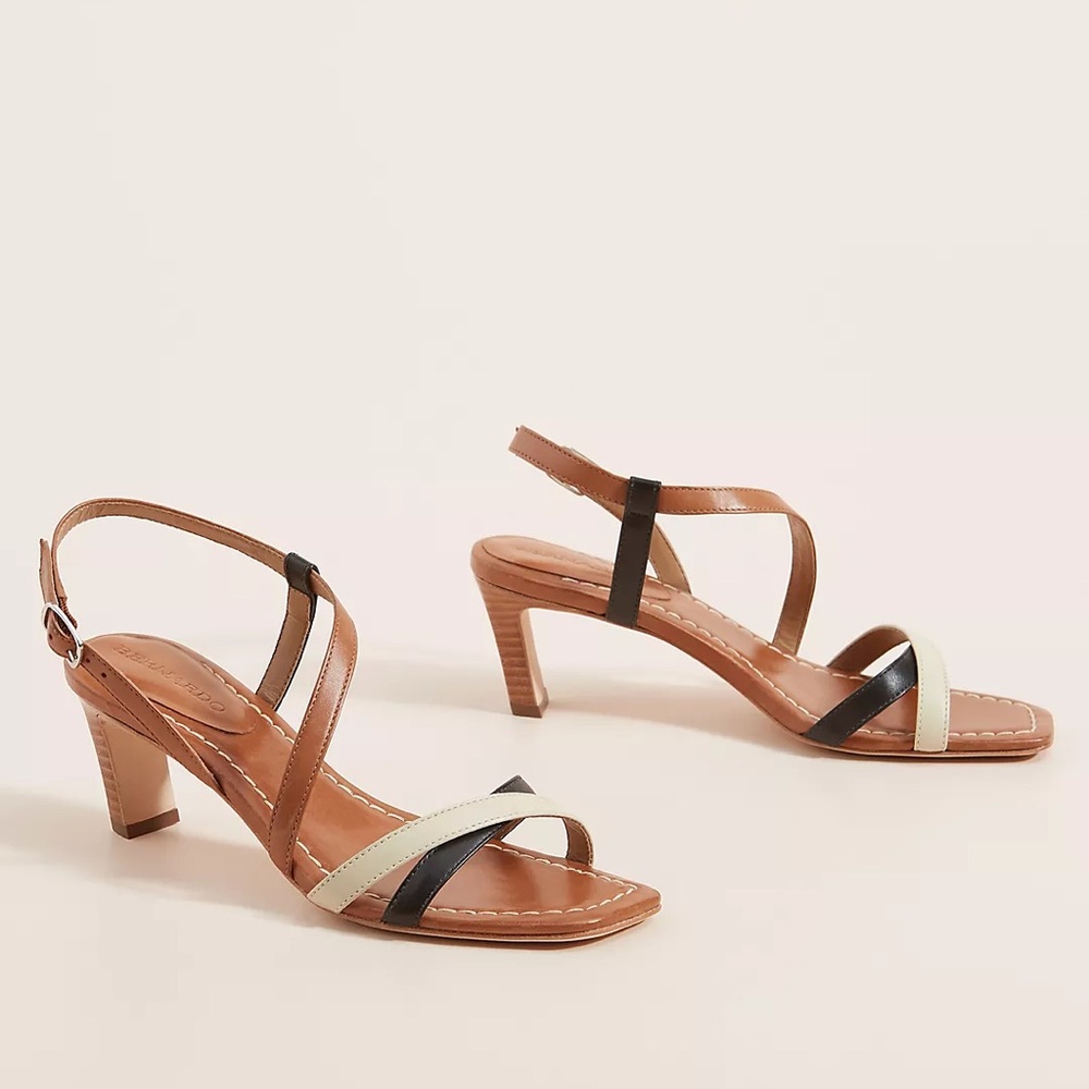 Anthropologie Bernardo Charlotte Brown Tan Black Strappy Heels - Picture 2 of 10